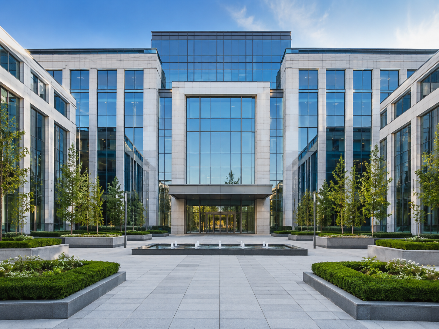 Moderne Büroimmobilie mit Glasfassade und gepflegtem Vorplatz